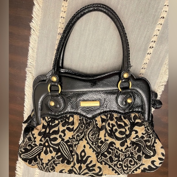 Isabella Fiore Tapestry Style Pattern Fabric & Black Patent Leather hand bag. - Picture 2 of 9